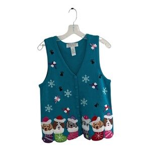 Tiara International Christmas Women's Sweater Vest Dogs Design Size Small Blue